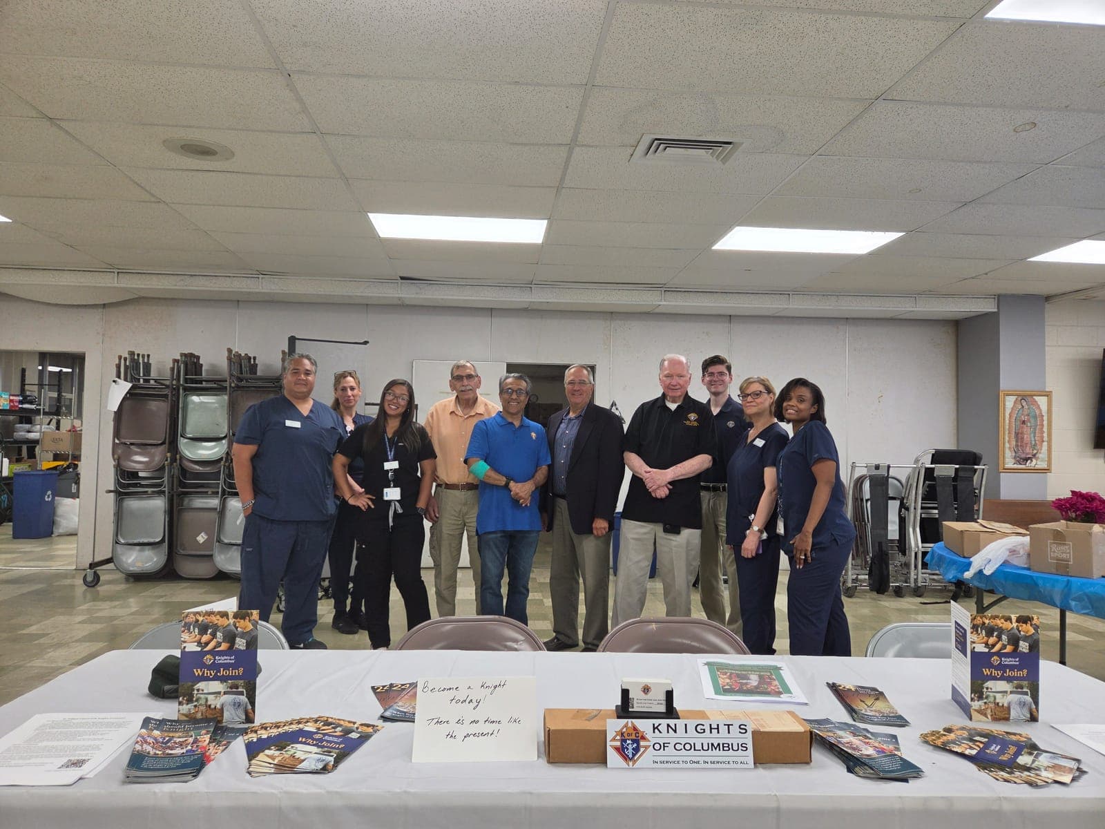 Knights of Columbus Fr. Nelligan Council 5730 representatives and New York Blood Center staff gather inside Immaculate Heart of Mary Church during the August 31 blood drive in Scotch Plains.