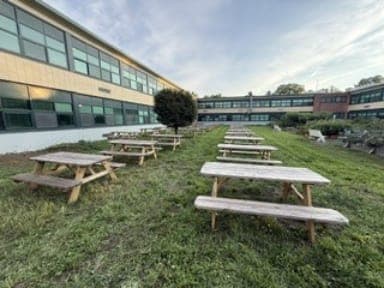 The new outdoor courtyard space can seat approximately 240 students at a time.